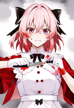 1girl, march 7th \(hunt\) \(honkai: star rail\), solo, red sleeves, upper body, black bow, holding, purple eyes, white gloves, white shirt, bow, pink hair,(Holding a kitchen knife in both hands, his eyes are very crazy,miosis,yandere eyes,Hands stained with red paint),disgusted face