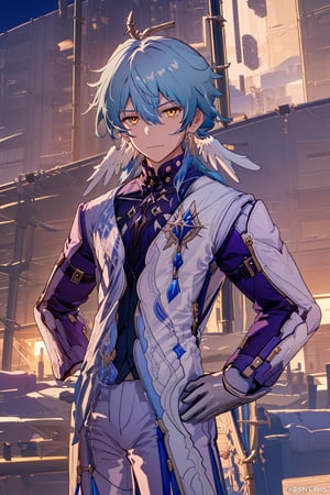 /Sunday//,1boy,hair between eyes,solo,looking at viewer,long hair,bangs,jewelry,gloves,hair between eyes,closed mouth,blue hair,yellow eyes,male focus,outdoors,pants,white, gloves,vest,coat,hand on hip,night,white pants,white coat,Serious eyes,HEAD WINGS,robin