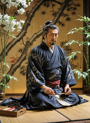 Hyper-maximalism, 4K, enhanced detailed matte painting; Close-up view of Miyamoto Musashi as he sits cross-legged on a tatami mat, intently focused on writing Japanese calligraphy with a brush amidst a beautiful serene garden. A little shrike solemnly perched on a barren branch and bamboo plants with thoughtfully placed lighting seen in the background. The ethereal, imaginative, and deeply detailed style reminiscent of late 19th-century surrealism, primary medium, alcohol inks.; Digital art, sharp focus, depth of field, Unreal Engine 5