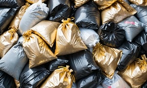 A pile of garbage bags with a gold-colored bag on top
Mix and match the parentheticals for further shenanigans