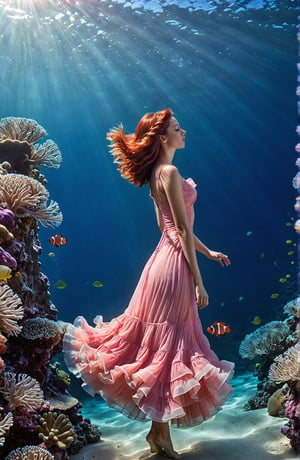 Create an image of a woman, her form gracefully submerged in the aquatic environment, wearing an elaborate pink dress with ruffled layers reminiscent of coral or sea anemones. Her long, flowing red hair fans out around her head, creating an ethereal effect as if weightlessly drifting in the water. The backdrop is a deep blue ocean with subtle depth gradients and filtered sunlight casting tranquility. A group of clownfish swim nearby on the right side of the image, their vibrant colors contrasting against the blue expanse. Balance elegance and natural beauty by seamlessly blending the woman's dress with the underwater world. Focus on interplay of colors, textures, and forms without textual distractions. Use a Canon EOS 5D Mark IV camera to capture the scene, emphasizing delicate details of the dress and marine surroundings.