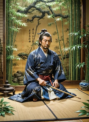 Hyper-maximalism, 4K, enhanced detailed matte painting; Close-up view of Miyamoto Musashi as he sits cross-legged on a tatami mat, intently focused on writing Japanese calligraphy with a brush amidst a beautiful serene garden. A little shrike solemnly perched on a barren branch and bamboo plants with thoughtfully placed lighting seen in the background. The ethereal, imaginative, and deeply detailed style reminiscent of late 19th-century surrealism, primary medium, alcohol inks.; Digital art, sharp focus, depth of field, Unreal Engine 5