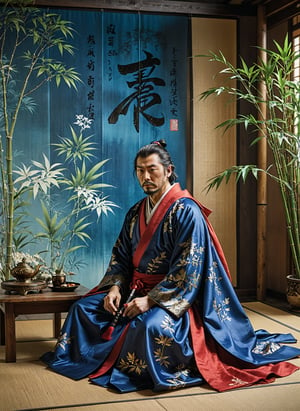 Shot with the Canon EOS 5D Mark IV, this image showcases an individual in a vibrant ensemble surrounded by military gear. The rich ((blue and gold)) tones of the robe, coupled with red accents and a flowing red cape, create a striking contrast.Hyper-maximalism, 4K, enhanced detailed matte painting; Close-up view of Miyamoto Musashi as he sits cross-legged on a tatami mat, intently focused on writing Japanese calligraphy with a brush amidst a beautiful serene garden. A little shrike solemnly perched on a barren branch and bamboo plants with thoughtfully placed lighting seen in the background. The ethereal, imaginative, and deeply detailed style reminiscent of late 19th-century surrealism, primary medium, alcohol inks.; Digital art, sharp focus, depth of field, Unreal Engine 5