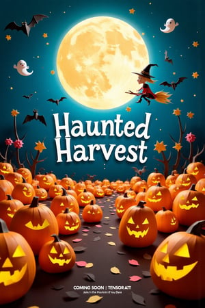 A spooky and enchanting movie poster titled "Halloween2024 Flux," featuring a whimsical Halloween theme. The poster showcases a lively pumpkin patch under a full moon, with playful ghosts and mischievous black cats weaving through the rows of glowing jack-o'-lanterns. Bats flutter in the night sky, and a friendly witch on a broomstick zooms above, scattering colorful autumn leaves. The title "Haunted Harvest" is written in a spooky, yet fun font, with the tagline "Join the Fun if You Dare!" and "Coming Soon on Tensor Art" in smaller text at the bottom.