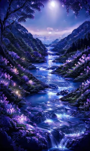 a vibrant vibrant purple hue is stunning against a backdrop of a river flowing through a forest. The river is surrounded by lush green foliage, adorned with purple and pink flowers, adding a pop of color to the scene. The sun is setting, creating a stunning contrast to the dark blue of the river. The water is flowing in a flowing pattern, adding depth to the overall composition. The sky is a deep blue, with a few wispy clouds in the air, adding to the peacefulness of the image.