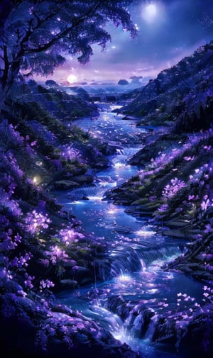 a vibrant vibrant purple hue is stunning against a backdrop of a river flowing through a forest. The river is surrounded by lush green foliage, adorned with purple and pink flowers, adding a pop of color to the scene. The sun is setting, creating a stunning contrast to the dark blue of the river. The water is flowing in a flowing pattern, adding depth to the overall composition. The sky is a deep blue, with a few wispy clouds in the air, adding to the peacefulness of the image.