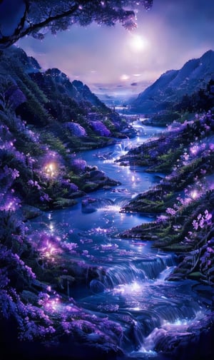 a vibrant vibrant purple hue is stunning against a backdrop of a river flowing through a forest. The river is surrounded by lush green foliage, adorned with purple and pink flowers, adding a pop of color to the scene. The sun is setting, creating a stunning contrast to the dark blue of the river. The water is flowing in a flowing pattern, adding depth to the overall composition. The sky is a deep blue, with a few wispy clouds in the air, adding to the peacefulness of the image.