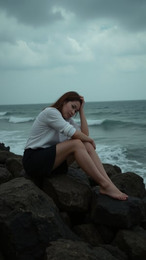 A cinematic shot of a woman sitting on a rocky shore near the water. She is dressed in a white blouse and a dark skirt. She has her legs drawn up to her chest, and her head is resting on her knees. The sky is overcast, with dark clouds. The water is rough, with waves crashing onto the shore. There is a sense of isolation and sadness in the scene.
