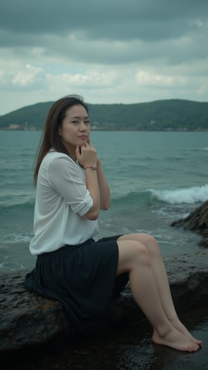 A cinematic shot of a woman sitting on a rocky shore near the water. She is dressed in a white blouse and a dark skirt. She has her legs drawn up to her chest, and her head is resting on her knees. The sky is overcast, with dark clouds. The water is rough, with waves crashing onto the shore. There is a sense of isolation and sadness in the scene.
