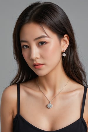 (masterpiece, 4k, best quality, highly detailed, 1girl, solo),1girl, jewelry, breasts, solo, earring, black hair, cleavage,dress, necklace, looking at viewer, dress, long hair,upper body, parted lips, rose, bangs, collarbone, grey background, big breasts, black eyes, pearl necklace, large breasts, see-through, hair between eyes, brown eyes, blush, midjourney, Colorful portraits,
