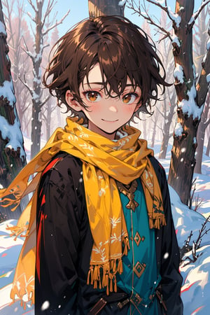 young_boy, young_male, short_hair, dark_brown_hair, brown_hair, brown_eyes, fantasy_clothes, russian_clothes, bitter_smile, snow, trees, slim, thin, worn_out_clothes, yellow_scarf, old_pistol, close_up, child