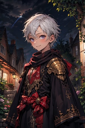 young_person, small_person, androgynous_look, flat_chest, white_hair, shoulder_length_hair, dark_eyes, uncertain_smile, very_slim, very_thin, close_up, fantasy_clothes, victorian_clothes, garden, night, dark_sky, small_body, white_robe, hermaphroditic_look, hermaphrodite, white_clothes, gold_marks, scarf, longer_hair