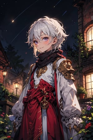 young_person, small_person, androgynous_look, flat_chest, white_hair, shoulder_length_hair, dark_eyes, uncertain_smile, very_slim, very_thin, close_up, fantasy_clothes, victorian_clothes, garden, night, dark_sky, small_body, white_robe, hermaphroditic_look, hermaphrodite, white_clothes, gold_marks, scarf, longer_hair
