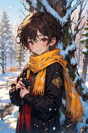 young_boy, young_male, short_hair, dark_brown_hair, brown_hair, brown_eyes, fantasy_clothes, russian_clothes, bitter_smile, snow, trees, slim, thin, worn_out_clothes, yellow_scarf, old_pistol, close_up, child