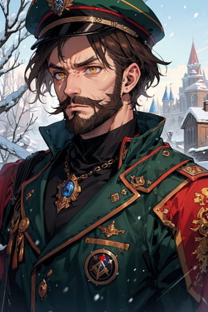 old_man, old_male, short_hair, brown_hair, yellow_eyes, solemn_expression, russian_clothes, fantasy_clothes, plain_clothes, snow, trees, muscular, close_up, slim, thin, outlaw, evil, military_uniform, simple_clothes, mustache, black_clothes, brown_clothes, evil_expression, worn_out_clothes, short_beard