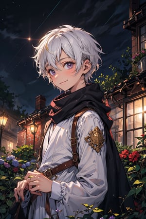 young_person, small_person, androgynous_look, flat_chest, white_hair, shoulder_length_hair, dark_eyes, uncertain_smile, very_slim, very_thin, close_up, fantasy_clothes, victorian_clothes, garden, night, dark_sky, small_body, white_robe, hermaphroditic_look, hermaphrodite, white_clothes, gold_marks, boyish_look, young_boy, tomboy, scarf, very short hair