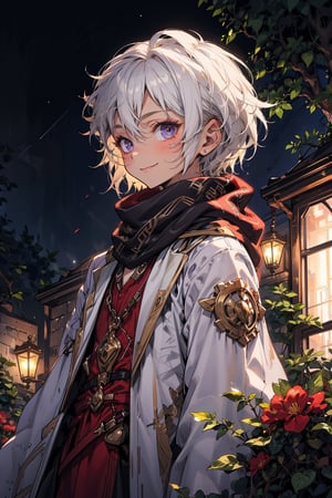 young_person, small_person, androgynous_look, flat_chest, white_hair, shoulder_length_hair, dark_eyes, uncertain_smile, very_slim, very_thin, close_up, fantasy_clothes, victorian_clothes, garden, night, dark_sky, small_body, white_robe, hermaphroditic_look, hermaphrodite, white_clothes, gold_marks, scarf, longer_hair