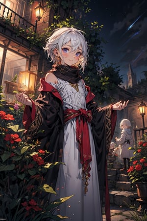 young_person, small_person, androgynous_look, flat_chest, white_hair, shoulder_length_hair, dark_eyes, uncertain_smile, very_slim, very_thin, close_up, fantasy_clothes, victorian_clothes, garden, night, dark_sky, small_body, white_robe, hermaphroditic_look, hermaphrodite, white_clothes, gold_marks, scarf, longer_hair