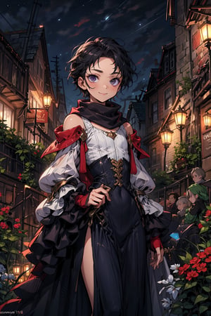 young_person, small_person, androgynous_look, flat_chest, white_hair, shoulder_length_hair, dark_eyes, uncertain_smile, very_slim, very_thin, close_up, fantasy_clothes, victorian_clothes, garden, night, dark_sky, small_body, white_robe, hermaphroditic_look, hermaphrodite, white_clothes, gold_marks, scarf, longer_hair