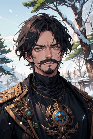 old_man, old_male, short_hair, black_hair, yellow_eyes, solemn_expression, russian_clothes, fantasy_clothes, plain_clothes, snow, trees, muscular, close_up, slim, thin, outlaw, evil, military_uniform, simple_clothes, mustache, black_clothes, brown_clothes, evil_expression, worn_out_clothes