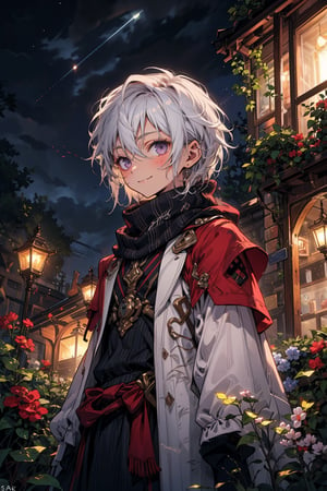 young_person, small_person, androgynous_look, flat_chest, white_hair, shoulder_length_hair, dark_eyes, uncertain_smile, very_slim, very_thin, close_up, fantasy_clothes, victorian_clothes, garden, night, dark_sky, small_body, white_robe, hermaphroditic_look, hermaphrodite, white_clothes, gold_marks, scarf