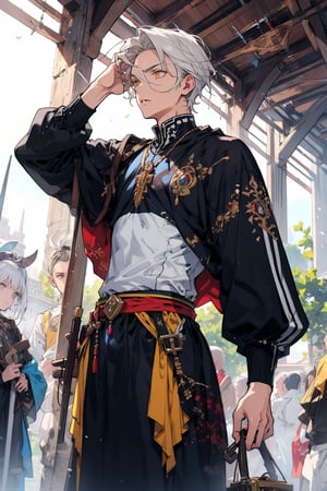 old_man, old_male, masculine, muscular, short_hair, white_hair, yellow_eyes, fantasy_clothes, polish_clothes, noble_clothes, close_up, preist, warrior, slim, thin, praying, plain_clothes, loose_clothes, black_and_white_clothes, poland, upper_half, small_mustache