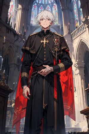 old_man, old_male, masculine, muscular, short_hair, white_hair, military_cut, black_eyes, fantasy_clothes, polish_clothes, noble_clothes, close_up, priest_clothes, priest, warrior, , slim, thin, plain_clothes,  black_clothes, upper_half, cathedral, broken_wing_on_chest