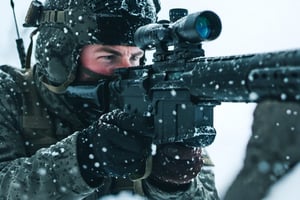Profile image of a sniper, aiming at a target with his rifle, snow background
