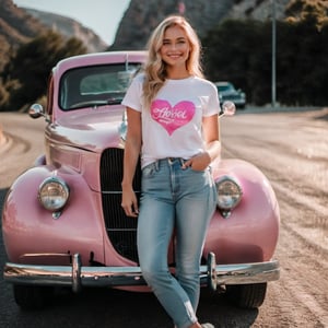 image of a blonde girl, beautiful face, smiling, wearing a white t-shirt with a heart and jeans, leaning on a pink Ford 36 coupe car, with a road between mountains in the background