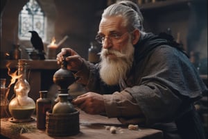 It recreates the realistic image of an old alchemist, with a thick white beard, in profile, working in his workshop, preparing mysterious potions, in the company of a crow at his table, in the background of a castle room.