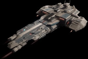 A realistic animation of a spaceship, a destroyer type ship, firing its laser cannons against smaller hostile ships that also attack the destroyer, Star Wars type space battle background,cyborg style