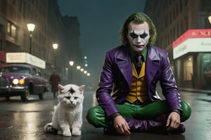 Full shot of the Joker character, fantasy art in high definition, Joker is high, by ncsoft, slight smile, green eyes, full body crouched, profile photo, caresses an angora kitten, realistic style, signs of expression on the face, rain does not affect his makeup, shiny violet leather jacket, shapely boots, background of 1940s skyscrapers in gothic city, 40' model car, at night, moderate rain, player's republic, symmetrical crown, male figure