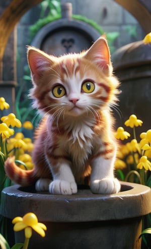 A realistic animation of an adorable red-haired kitten with huge, bright yellow eyes that seem to come to life. The subject is sitting on the edge of a cistern, against a background of flowering honeysuckle. The overall atmosphere is fantastic and dreamlike.,bubbleGL,Xxmix_Catecat,cat,girl,Movie Poster