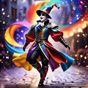 Create the image of a Harlequin, with multicolored clothes, bright colors, dancing in the moonlight on a medieval style cobblestone street, many party favors, streamers and confetti, background of people, joy captured in a single, impressive moment . by Skyrn99, high detail, high quality, high resolution, skpleonardostyle,DonM3l3m3nt4lXL