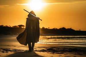 create a realistic image of a man, with cape and hood, without insignia, sword held by its pommel in front, blade resting on his right shoulder, tip back, walking through the sand, with the sun in front, photographed from behind