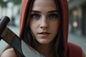 recreates a girl's face, in close-up, well-defined blue eyes, upturned nose, some freckles on the bridge of the nose, sexy lips, even teeth, face like Emma Watson, brandishing a sword edge