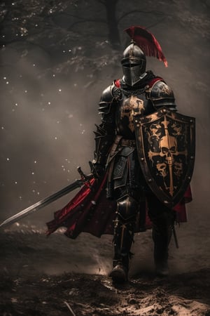 image of a knight in metallic black armor (The Black Knight), full body, carrying a shield with an emblem of a skull and sword with a glow of fire, red cape, stepping on a pile of skulls, gloomy atmosphere, dense fog,