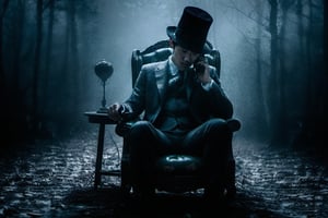 Image of a man sitting in an armchair, dressed in a suit and hat, facing the viewer, holding an umbrella and in the other hand talking on a cell phone, panoramic shot, in a gloomy forest, at night, with fog