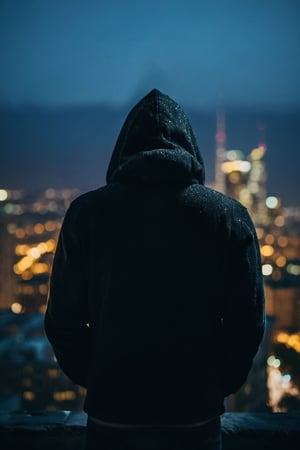 image of mysterious man, hooded, with his back turned, shot from behind, standing on a building, looking at the city at night