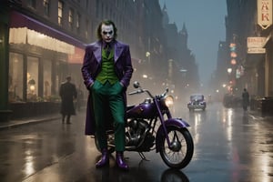  Full shot of the Joker character, fantasy art in high definition, Joker is high, by ncsoft, slight smile, green eyes, full body crouched, profile photo, signs of expression on the face, the rain does not affect his makeup, crouching on the street, next to kitten, shiny violet leather jacket, shapely boots, background of 1940s skyscrapers in a gothic city, 40' model cars, at night, moderate rain, reflections on the horizon, player's republic , symmetrical crown, male figure