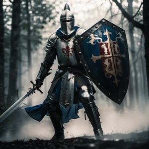 image of a knight in full armor, full body, carrying shield and sword, fleur-de-lis emblem on chest and shield, blue cape, fighting in a gloomy forest,