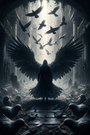 Enveloped by the silent flutters of dark wings, a protagonist stands, their identity shrouded as much by the grey square as by the flock that surrounds them. Are these birds guardians or jailers? The line between protection and captivity blurs as the protagonist navigates a labyrinth of feathers and beaks, seeking the truth behind their intentions.
