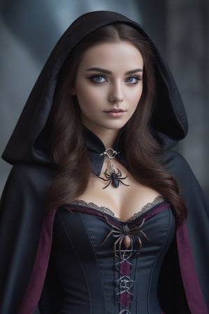 Photorealistic portrait. A beautiful young witch recites a spell. Dressed in dark revealing clothes. The corset emphasizes her breasts. The cape slightly covers her bare shoulders. A spider charm hangs around her neck. Her eyes gleam brightly. Dark hair with the white curl. On the head of the witch's cap.
