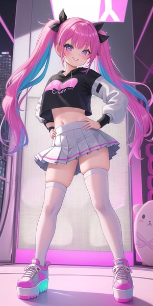 In style of Neo, Cute egirl posing, a kawaii anime character with vibrant, rainbow-colored hair styled in twin tails adorned with cute bows. Her eyes are large, sparkling with joy, and framed by long, thick lashes. She has a playful smile on her lips, showcasing her adorable dimples. The character is wearing a stylish crop top with a pastel-colored graphic print and oversized sleeves. Her outfit is completed with a pleated mini skirt in a matching color scheme, accessorized with thigh-high socks and platform sneakers. The pose is dynamic, with the egirl striking a cute and flirty stance, one hand on her hip and the other making a peace sign gesture. The background is a colorful, neon-lit cityscape, adding to the overall energetic and playful vibe of the character. ,Egirl