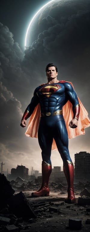 The desolate landscape of Earth is depicted with crumbling buildings, broken roads, and a pallid sky filled with swirling dust. Amidst the chaotic ruins of the city, Superman emerges in flight. His powerful physique contrasts with the desolation around him, shining like steel even in the darkness,

His face is filled with a determined expression, and his eyes reflect a burning hope and courage. Superman's cape billows in the wind, and a sense of tension and hope emanates from his surroundings. In his hand, a series of energy beams form, symbolizing the power he wields to save Earth,

Superman is working tirelessly to rebuild Earth, and his presence serves as a beacon of hope and courage. He illuminates the scenes of past destruction, hinting at a new beginning and the dawn of hope.,photorealistic,retrowavetech