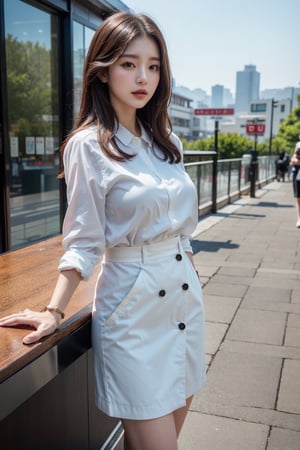 (Best quality, 8k, 32k, masterpiece, UHD:1.2), pretty korea woman photo, 1woman, Highest quality, highest quality, today's work look, daily look, everyday clothes, background is urban background, morning city, clean city, Korea, Korean lady, Korean beauty, Korean office worker