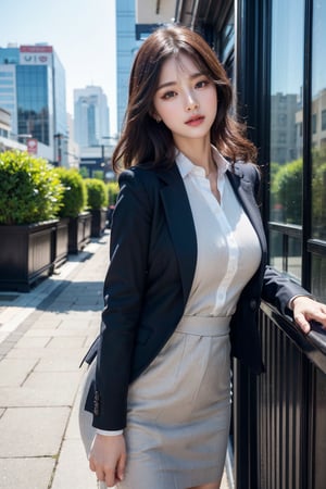 (Best quality, 8k, 32k, masterpiece, UHD:1.2), pretty korea woman photo, 1woman, Highest quality, highest quality, today's work look, daily look, everyday clothes, background is urban background, morning city, clean city, Korea, Korean lady, Korean beauty, Korean office worker