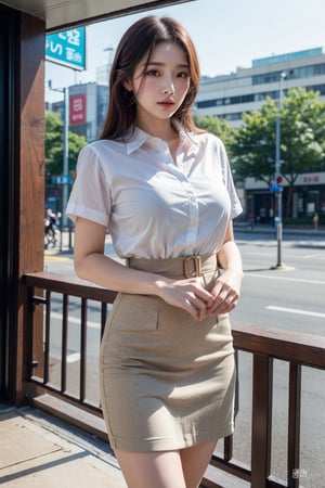 (Best quality, 8k, 32k, masterpiece, UHD:1.2), pretty korea woman photo, 1woman, Highest quality, highest quality, today's work look, daily look, everyday clothes, background is urban background, morning city, clean city, Korea, Korean lady, Korean beauty, Korean office worker