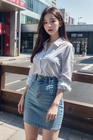 (Best quality, 8k, 32k, masterpiece, UHD:1.2), pretty korea woman photo, 1woman, Highest quality, highest quality, today's work look, daily look, everyday clothes, background is urban background, morning city, clean city, Korea, Korean lady, Korean beauty, Korean office worker