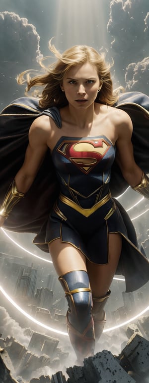 The desolate landscape of Earth is portrayed with crumbling buildings, shattered roads, and a pale sky filled with swirling dust. Amidst the ruins of the city, Supergirl emerges, soaring through the air. Her graceful form contrasts starkly with the devastation surrounding her, radiating strength and determination even in the darkness,

Her face is marked by a resolute expression, and her eyes shine with unwavering determination and hope. Supergirl's cape billows behind her, a symbol of her resilience and indomitable spirit. In her hand, she wields a shimmering energy construct, a manifestation of her power to rebuild and restore,

Supergirl tirelessly works to heal the wounds of Earth, her presence a beacon of hope and renewal in the midst of destruction. She symbolizes the promise of a brighter tomorrow, inspiring others to rise above adversity and strive for a better future.
